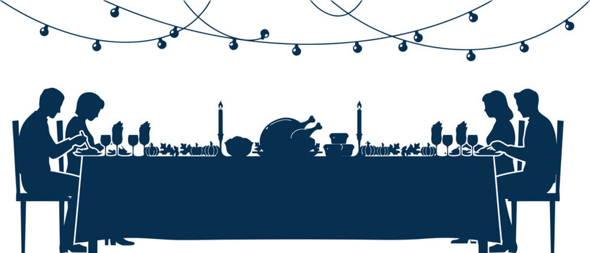 Silhouette of a family having a festive dinner at a long table with a roasted turkey and string lights hanging above on a white background