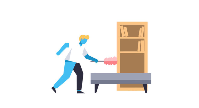 Professional man dusting wooden shelf with pink duster.