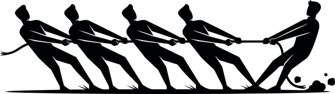 Black silhouette of a group of people pulling a rope in a tug of war competition on a white background, team effort concept