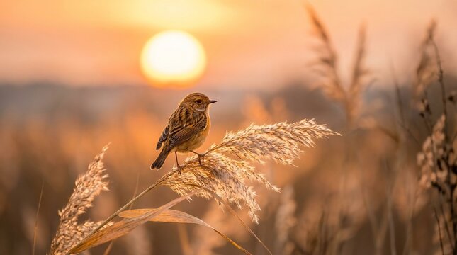 Small bird perched on reed at sunset