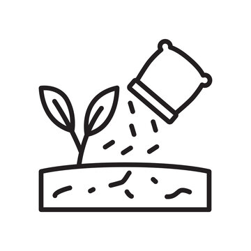 Pouring fertilizer on plant from sack line icon