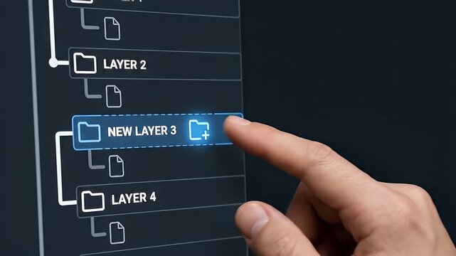 Finger touching digital interface layer selection on computer screen user interaction technology with software folder icon highlighted for data organization and file management touch interaction