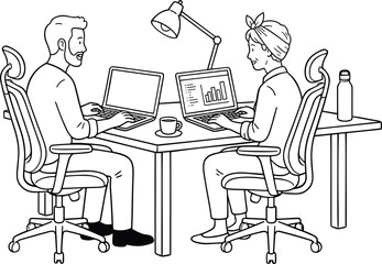 Fototapeta premium Minimalist line art vector illustration of business colleagues working on laptops and analyzing charts at office desk.