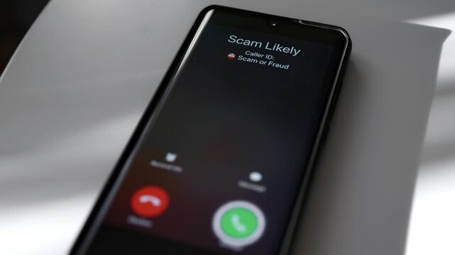 Close-up of smartphone screen displaying dangerous incoming scam call.