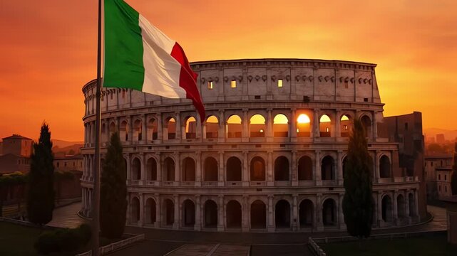 Italian flag waving near the colosseum at golden sunset in rome