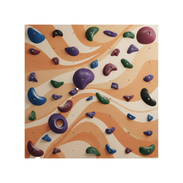modular indoor climbing wall panel, wavy texture, orange, beige patterns, vibrant blue, red, green, purple, black holds, metallic bolts, professional studio design concept