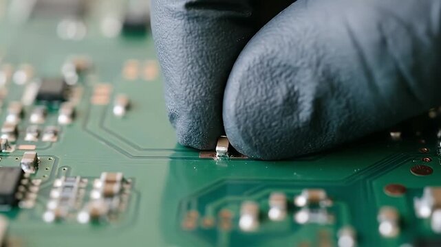 Electronic component circuit board gloved hand close up technology green soldering microchip repair precision placement assembly printed circuit board installation care manufacturing small