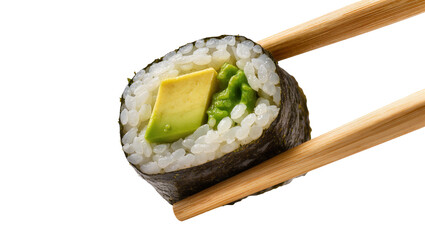 Isolated fresh avocado maki sushi roll held by wooden chopsticks, healthy Japanese cuisine © Francisco