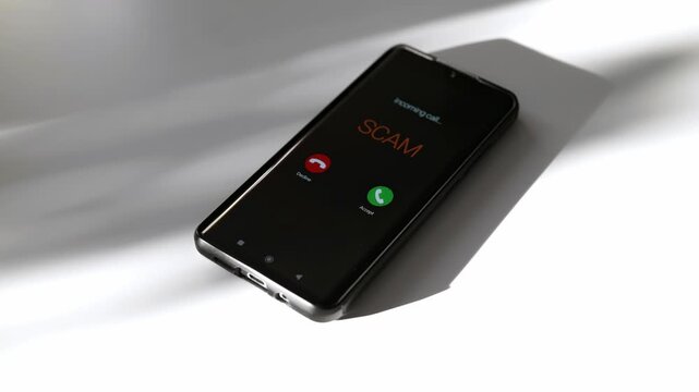 Close-up of smartphone screen displaying dangerous incoming scam call.