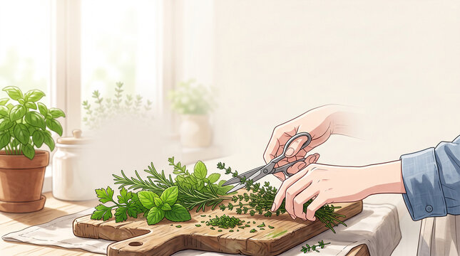 ハーブを刻む手元とまな板 料理準備イラスト