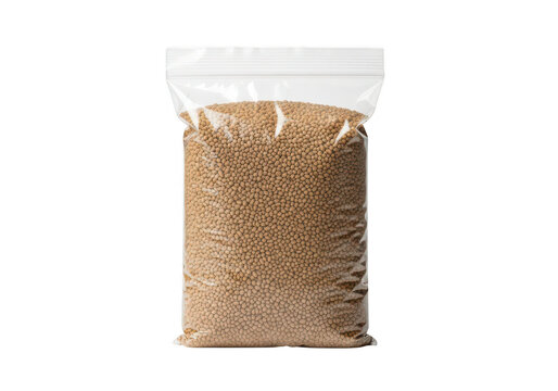 Bag of whole grains or seeds displayed in transparent packaging against white background isolated on transparent background