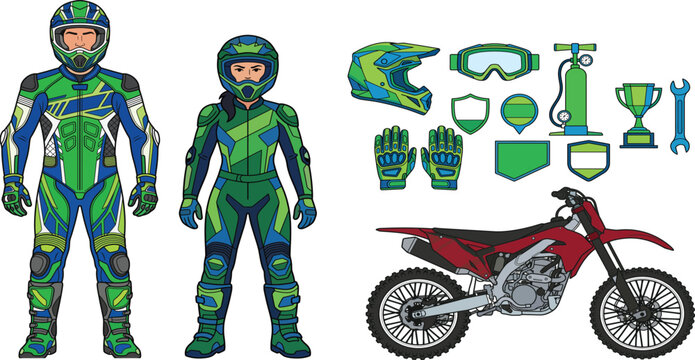 Motocross racers and dirt bike vector set. Male and female motorcycle riders in full gear with offroad bike and racing equipment.

