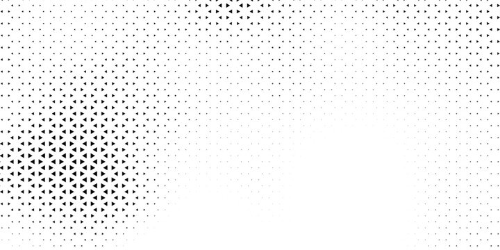 Fading triangle halftone texture gradient pattern. Abstract diagonal geometric background. Tech mosaic triangular halfton gradation. Vector vanishing corner arrow wallpaper for banner, booklet, poster