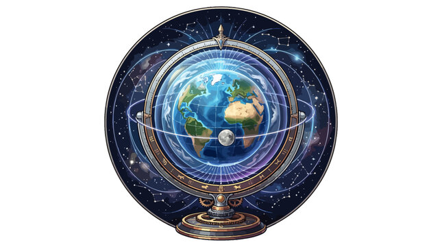 Ornate armillary sphere with central earth globe and stars