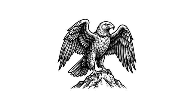 Eagle standing on mountain peak.