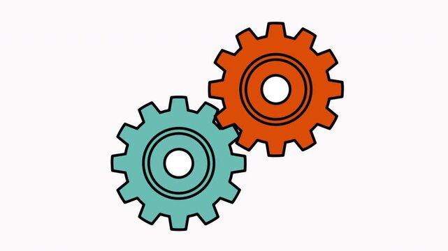 Minimalist cartoon mechanical gear wheel rotation concept, industrial engine machinery asset motion graphic video, animation of two interlocking cogs and gears rotating together.