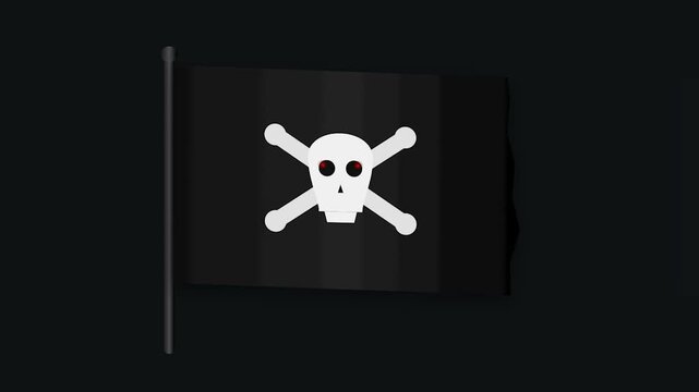 Jolly Roger Pirate Flag Waving in the Wind on a Dark Background.