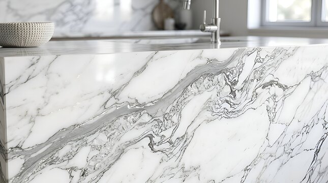 Elegant white marble kitchen island countertop with grey veining, modern luxury.