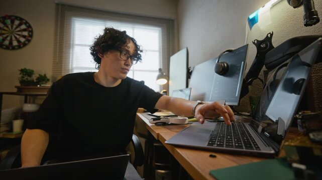 Young adult man with glasses typing on laptop, switching to desk computer for coding in home office. Clip is ideal for software development, remote work, and IT education campaigns, handheld