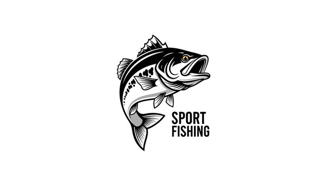 A black and white illustration of a jumping fish logo design