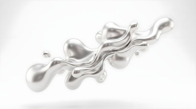 3D abstract liquid metal splash with shiny silver chrome texture on white background