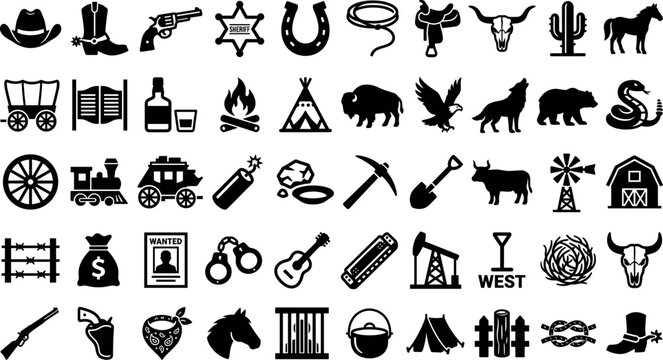 Wild West cowboy culture and American frontier black silhouette icon set featuring western saloon ranch wildlife and desert vector elements