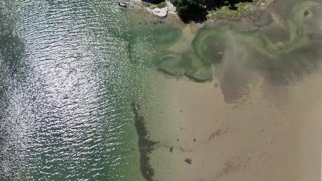 Top Down Drone Flying Over Shallow Estuary Water and Sandy Shoreline Texture