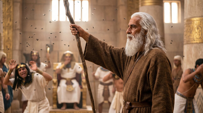 The third plague of Egypt. An infestation of insects (gnats, biting lice, lice, and bugs). Aaron stretched out his hand with his staff and struck the dust of the earth, and gnats appeared on both peop