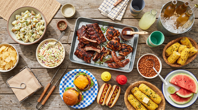Classic summer barbecue party food flat lay with grilled meats and sides