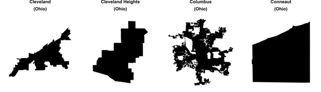 Cleveland, Cleveland Heights, Columbus, Conneaut outline maps