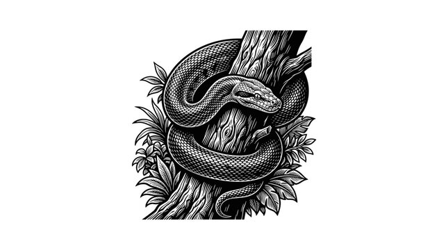 Snake Wrapped Around Tree Trunk.
