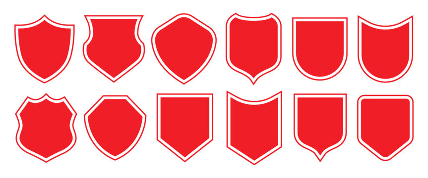 Set of red shield and heraldic emblem shapes isolated on a transparent background