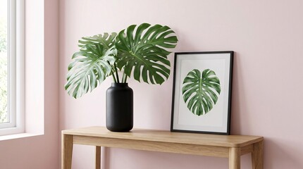 Fototapeta premium Elegant minimalist console table featuring fresh cut Monstera deliciosa leaves in a sleek matte black ceramic vase near framed botanic art.