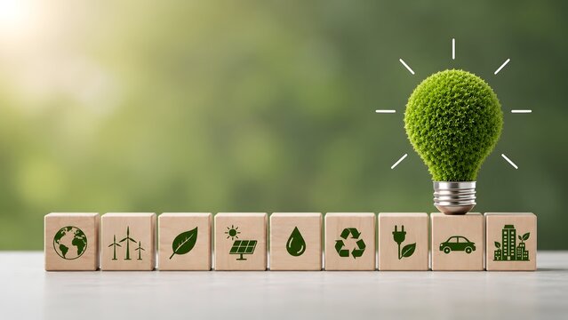 Sustainable green energy concept featuring eco-friendly plant lightbulb on wooden blocks displaying environmental conservation icons