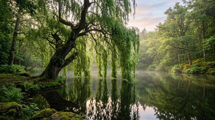 Fototapeta premium Enchanting ancient weeping willow tree with lush vibrant green drooping branches partially submerged in a perfectly still mirrored lake view.