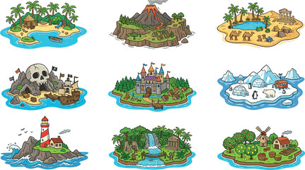 Cartoon game level map island vector illustration set featuring pirate skull volcano castle desert oasis ice arctic jungle and farm isolated on white background. © MstBizly