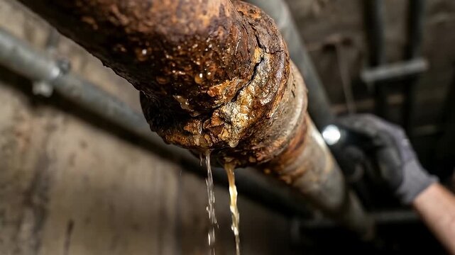 Leaking rusty pipe with water drip in dark basement showing corrosion damage metal plumbing inspection flashlight hand holding urgent repair replacement needed