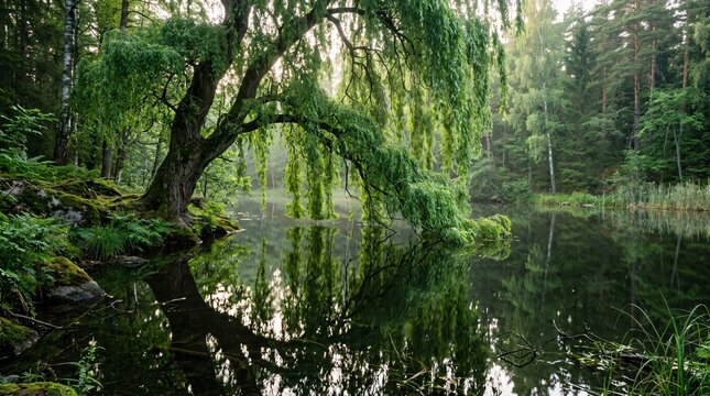 Enchanting ancient weeping willow tree with lush vibrant green drooping branches partially submerged in a perfectly still mirrored lake view.