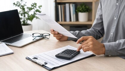 Fototapeta premium Hands writing on tax document with pen beside laptop on desk, processing financial paperwork for accounting, calculation, expense reporting, and document management in a business workflow