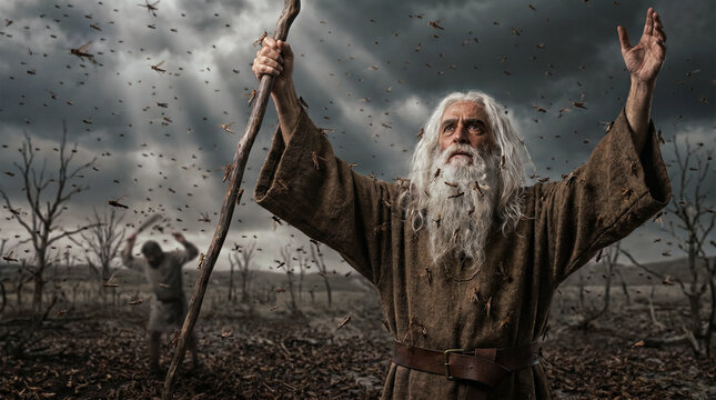 Biblical scene with Moses raising his staff in a dramatic sky filled with locusts, documentary style. The eighth plague of Egypt. A plague of locusts.