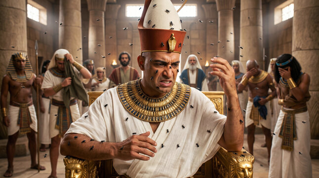 Pharaoh seated on his throne, flies swarming around him, his face showing anger. The fourth Egyptian plague is an invasion of dog-flies (heavy, blood-sucking insects or dog-flies).