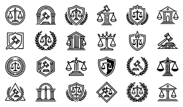 Law and Justice Icon Set with Scales of Justice Gavel and Courtroom Line Art Badges for Legal Advisory Firm Branding Logos