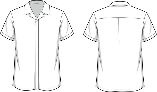 Technical flat sketch of men's short sleeve camp collar shirt with notched lapel and back pleat front and back view vector template