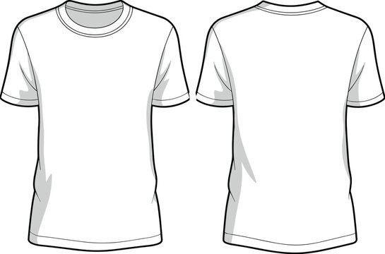 Technical flat sketch of men's short sleeve crew neck t-shirt basic regular fit tee front and back view vector template for apparel design