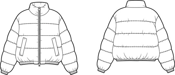 Technical flat sketch of padded puffer jacket with full zip, ribbed hem and cuffs, front and back views winter outerwear apparel design template © MDSALANUR