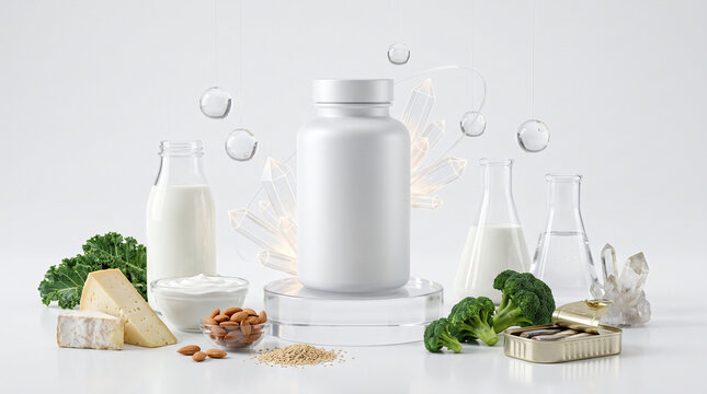 Calcium supplement bottle mockup with healthy food on marble