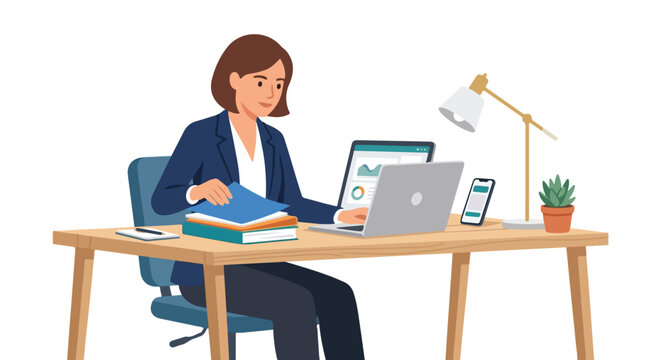 A professional woman in a suit sits at a wooden desk, multitasking with two laptops and organizing a stack of colorful folders.