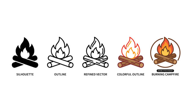 a set of campfire or bonfire icons in various styles, including outline, refined vector, and a colored version.