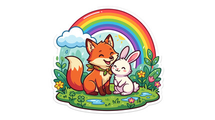 Fototapeta premium Adorable cartoon fox and rabbit friends sitting in nature under a vibrant rainbow sticker