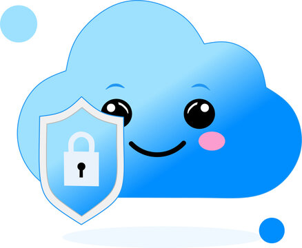 Cute Secure Cloud Storage Mascot with Shield Lock Vector Illustration